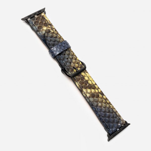 Band for Apple Watch made of python skin in blue-yellow color