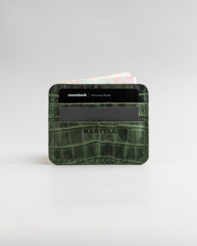 price for Card holder made of calf leather embossed with crocodile in dark green color