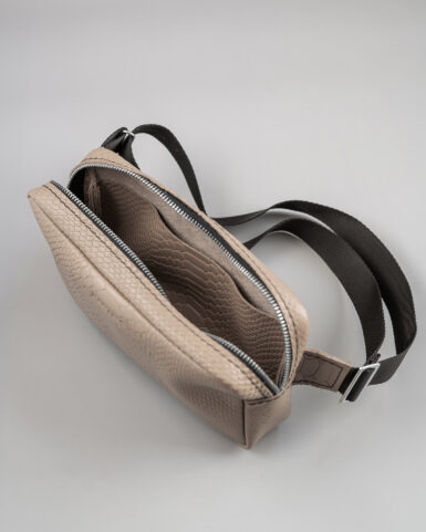Leather belt bag (bananka) in beige color, embossed like a python