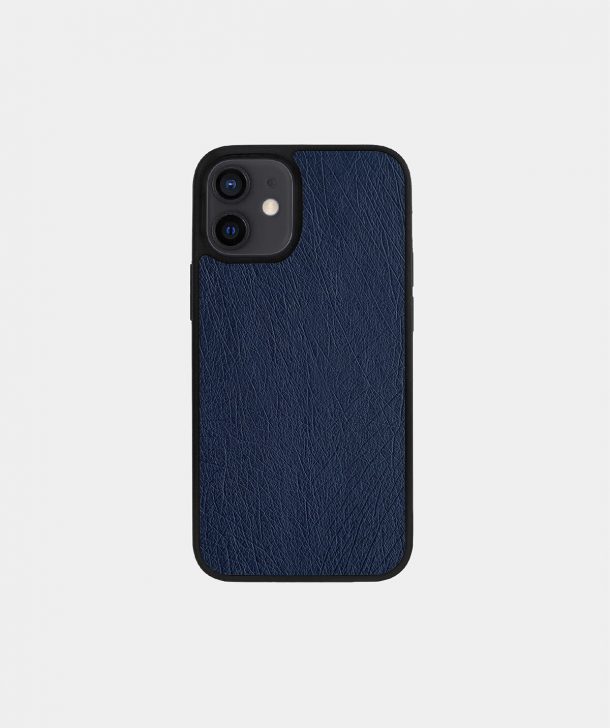 Case made of dark blue ostrich skin without foils for iPhone 12 Mini