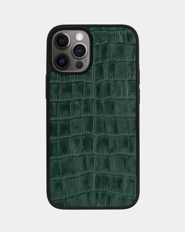 Чехол из зеленого тиснения под крокодила на телячьей коже для iPhone 12 Pro Max