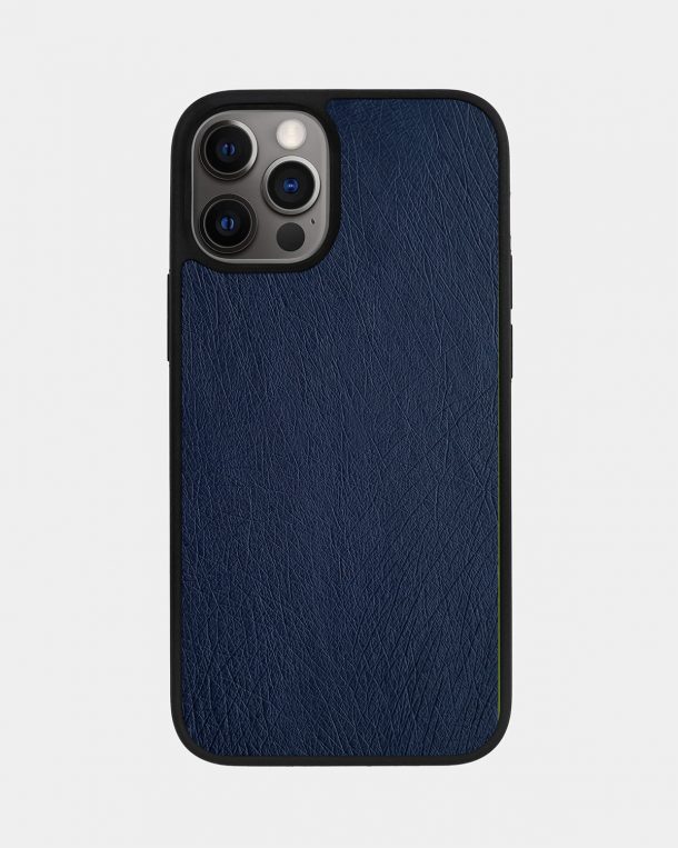 Case made of dark blue ostrich skin without foils for iPhone 12 Pro Max