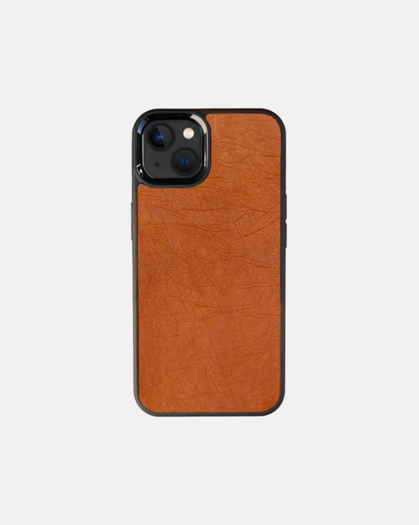 Case made of brown ostrich coat without foils for iPhone 13