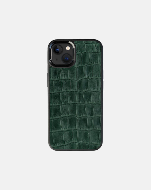 Green embossed crocodile case on calfskin for iPhone 13