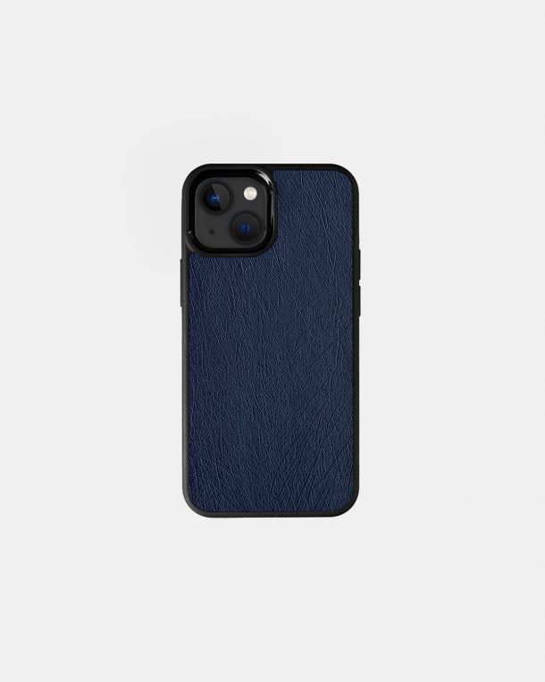 Case made of dark blue ostrich skin without foils for iPhone 13 Mini