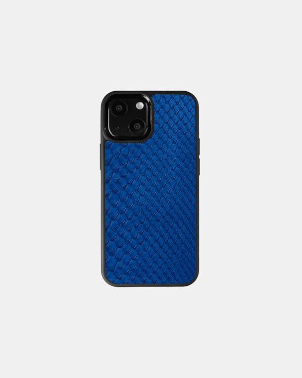 Case made of blue python skins with fine stripes for iPhone 13 Mini
