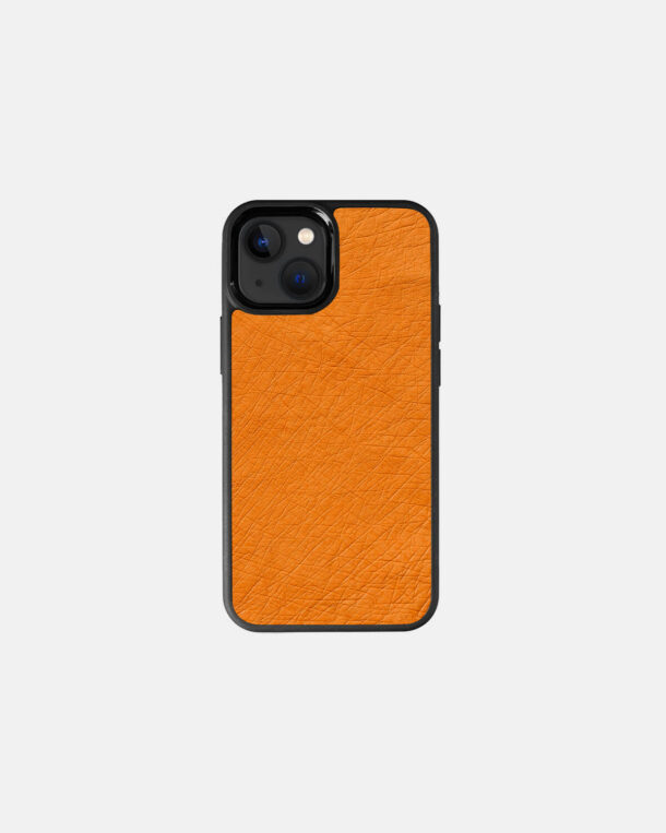 Case made of orange ostrich skin without follicles for iPhone 13 Mini