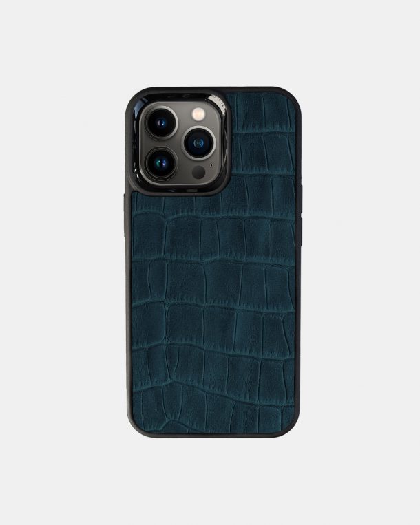 iPhone 13 Pro case made of dark blue crocodile embossing on calf leather