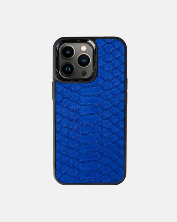Case made of blue python skin with wide stripes for iPhone 13 Pro