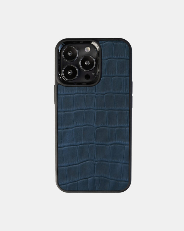 Navy Crocodile Embossed Calfskin Case for iPhone 13 Pro with MagSafe
