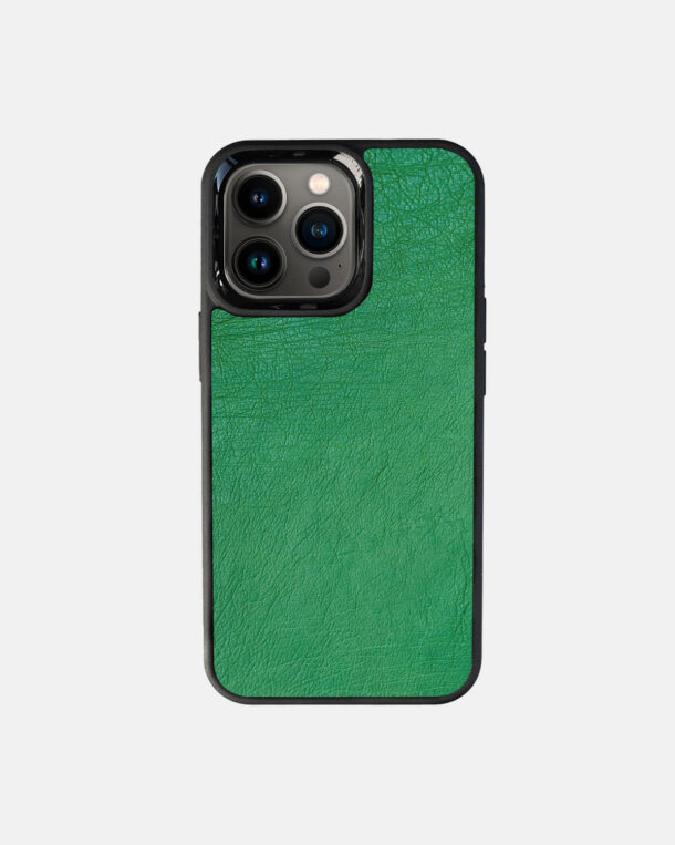 Case made of green ostrich skin without follicles for iPhone 13 Pro