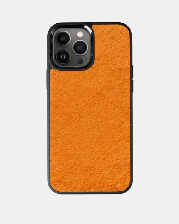 Case made of orange ostrich skin without follicles for iPhone 13 Pro Max
