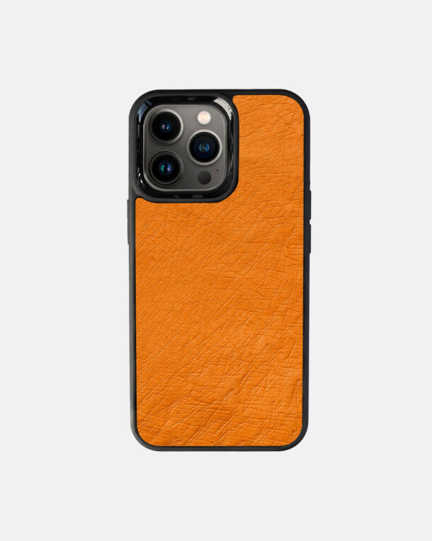Case made of orange ostrich skin without follicles for iPhone 13 Pro