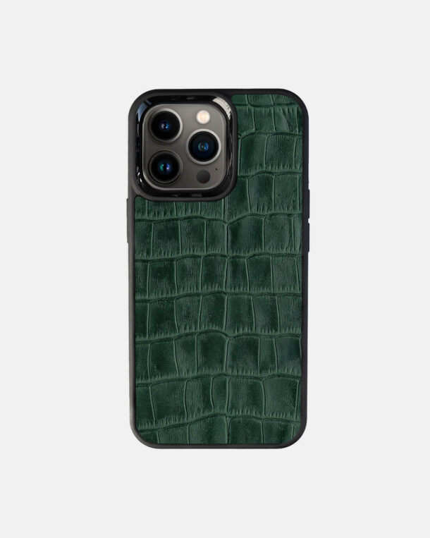 Чехол из зеленого тиснения под крокодила на телячьей коже для iPhone 13 Pro