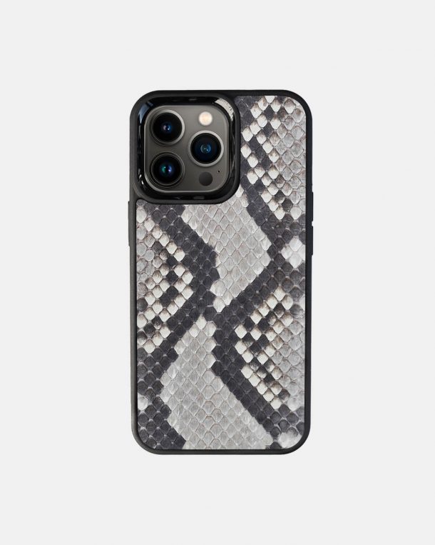 Case made of black and white python skins with small stripes for iPhone 13 Pro