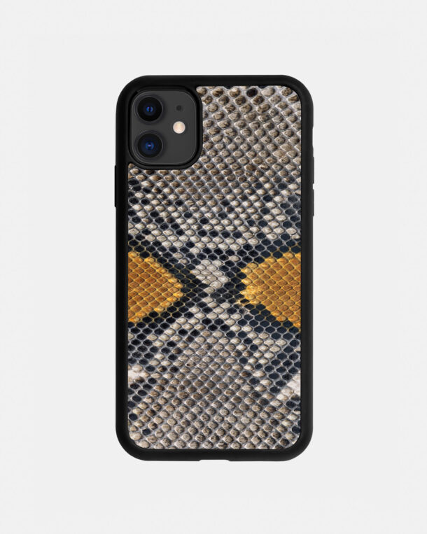 Case made of gray-yellow python skins with small stripes for iPhone 11