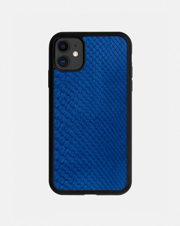 Case made of blue python skins with fine stripes for iPhone 11