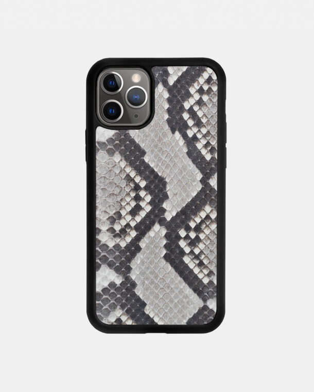 Case made of black and white python skins with small stripes for iPhone 11 Pro