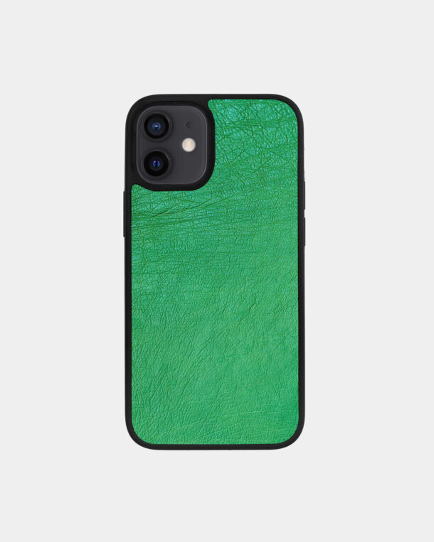 Case made of green ostrich skin without follicles for iPhone 12