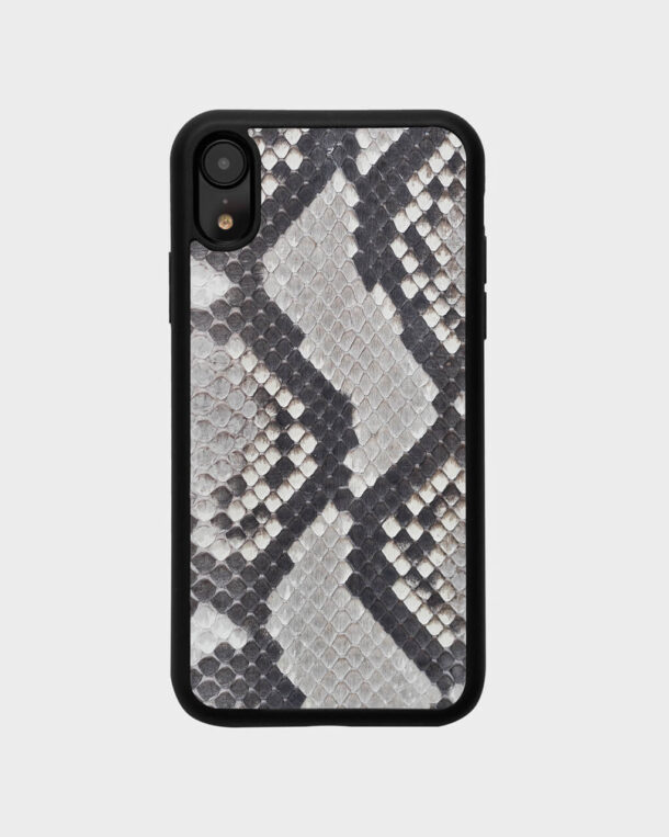 Case made of black and white python skins with small stripes for iPhone XR