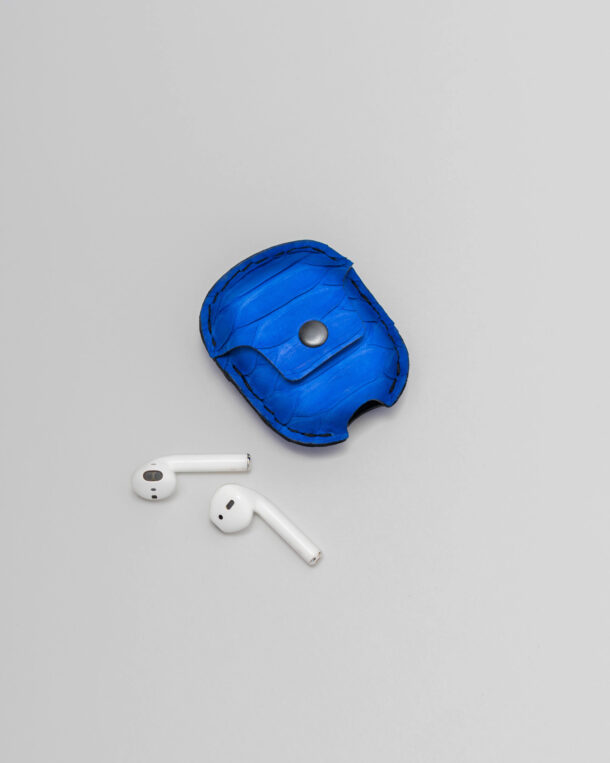 Case for AirPods made of blue python skin with wide stripes