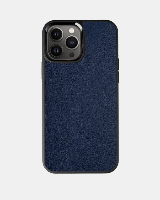 Case made of dark blue ostrich skin without foils for iPhone 13 Pro Max