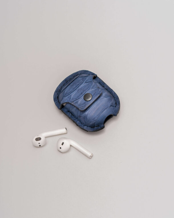 Case for AirPods made of gray-blue python skin with wide stripes