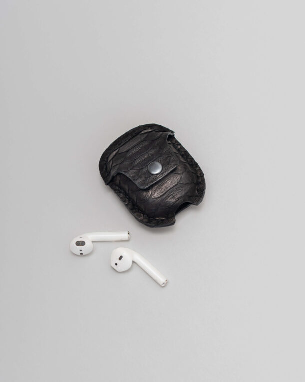 Case for AirPods made of black python skin with wide stripes