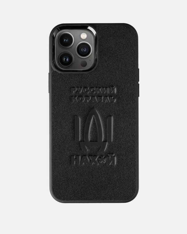 Case made of black calfskin with embossing "Russian ship" for iPhone