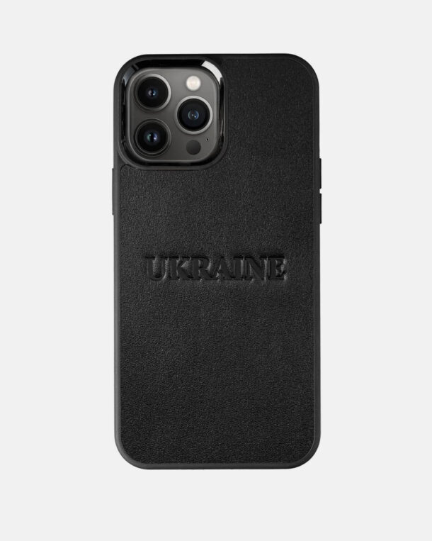 Чохол із чорної телячої шкіри з тисненням UKRAINE для iPhone