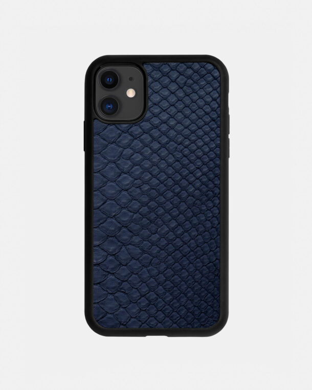 Case made of navy blue python skin with fine stripes for iPhone 11