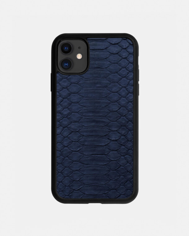 Case made of dark blue python skin with wide stripes for iPhone 11