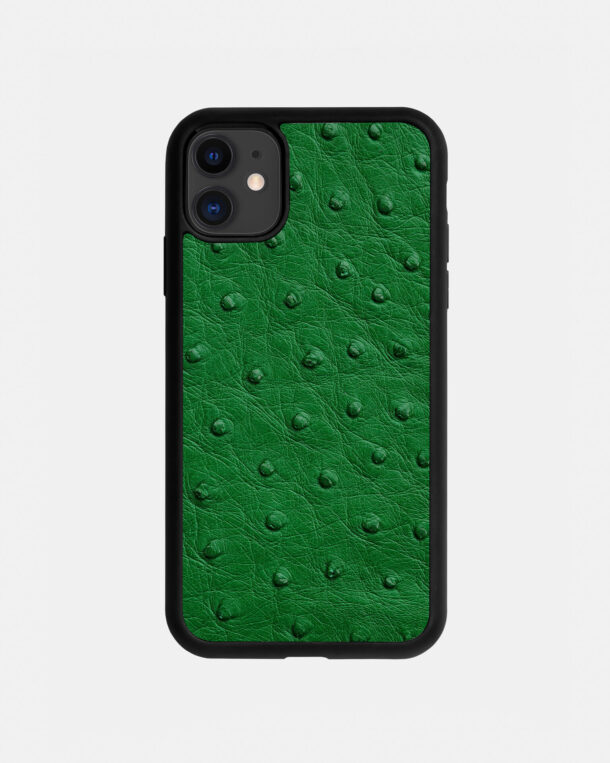 Case made of green ostrich skin with follicles for iPhone 11