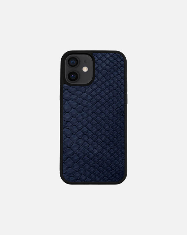 Case made of navy blue python skin with fine stripes for iPhone 12 Mini