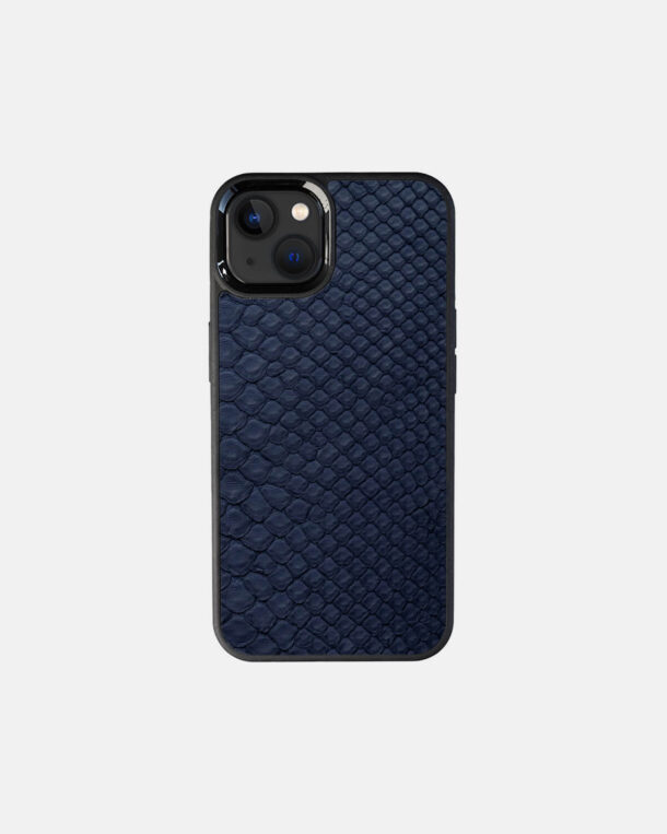 Case made of navy blue python skin with fine stripes for iPhone 13