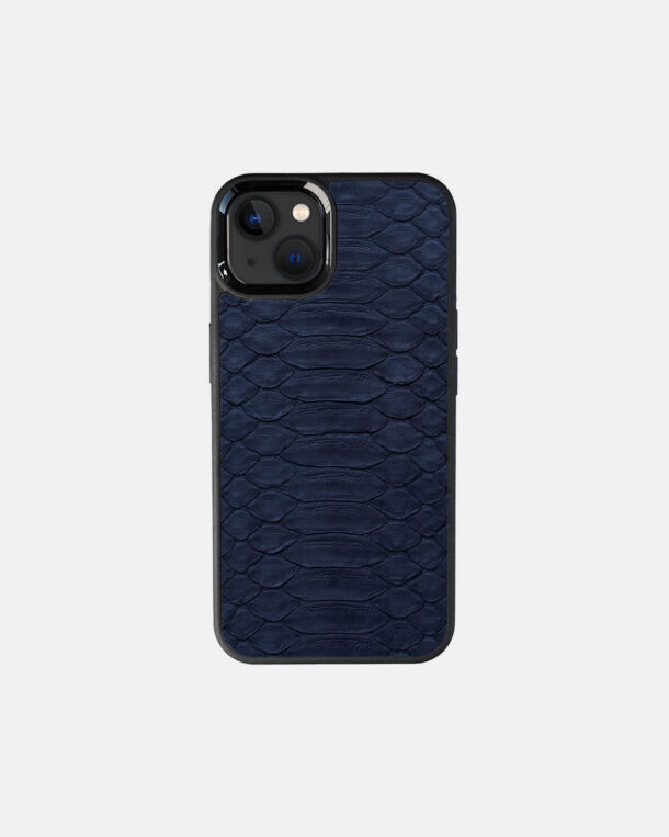 Case made of dark blue python skin with wide stripes for iPhone 13