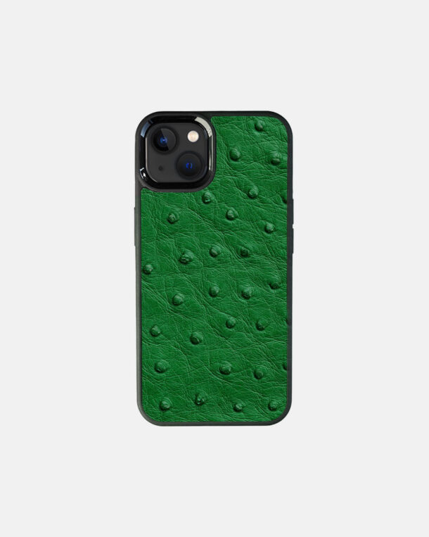 Case made of green ostrich skin with follicles for iPhone 13