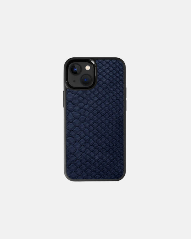 Case made of navy blue python skin with fine stripes for iPhone 13 Mini