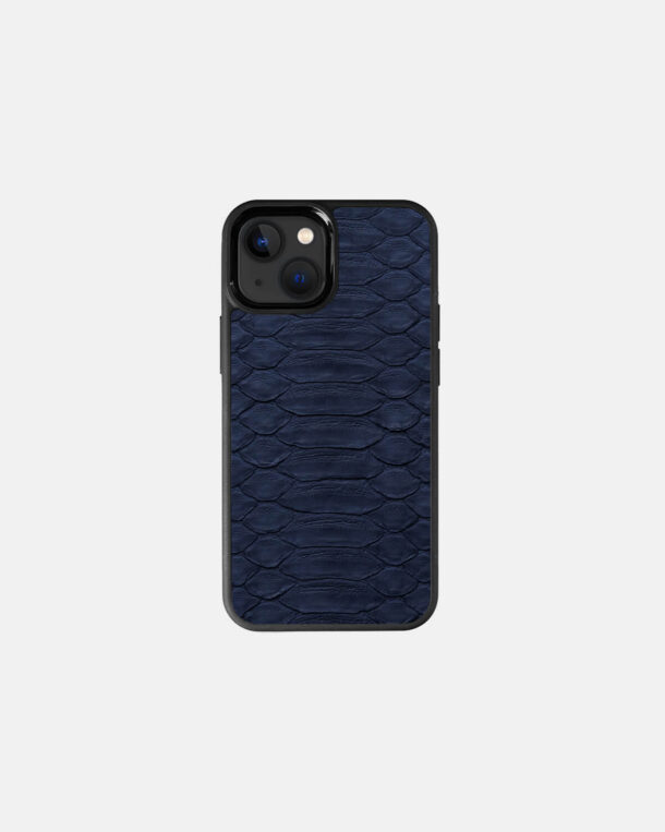 Case made of dark blue python skin with wide stripes for iPhone 13 Mini
