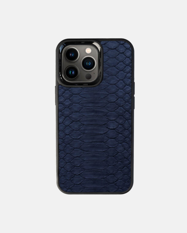 iPhone 13 Pro case in dark blue python skin with wide scales with MagSafe