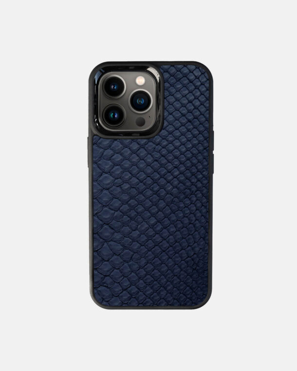 Case made of navy blue python skin with fine stripes for iPhone 13 Pro