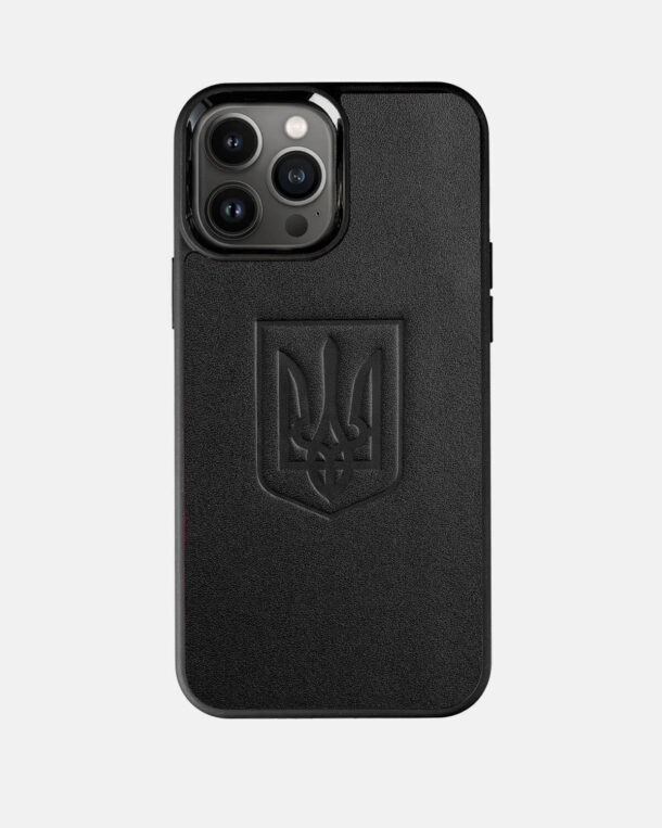 Case made of black calf skin with embossed Trident for iPhone