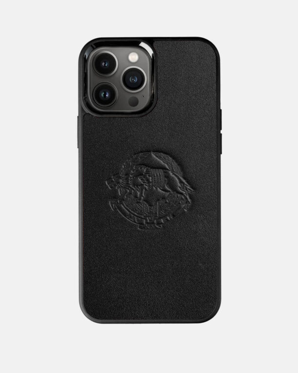Чехол из черной телячьей кожи с тиснением эмблемы ССО ВСУ для iPhone