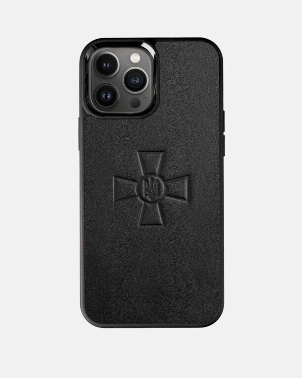 Case made of black calfskin with embossed coat of arms ZSU for iPhone