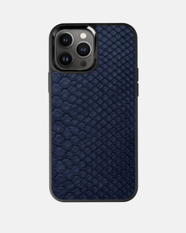 Case made of navy blue python skin with frilly stripes for iPhone 13 Pro Max