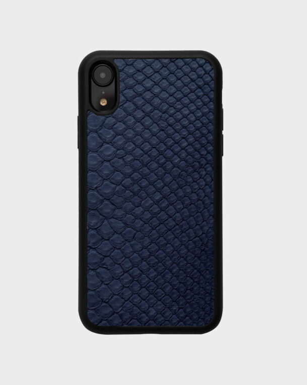Case made of navy blue python skin with fine stripes for iPhone XR