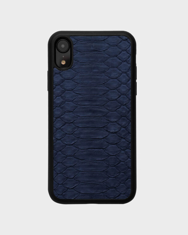 Case made of dark blue python skin with wide stripes for iPhone XR