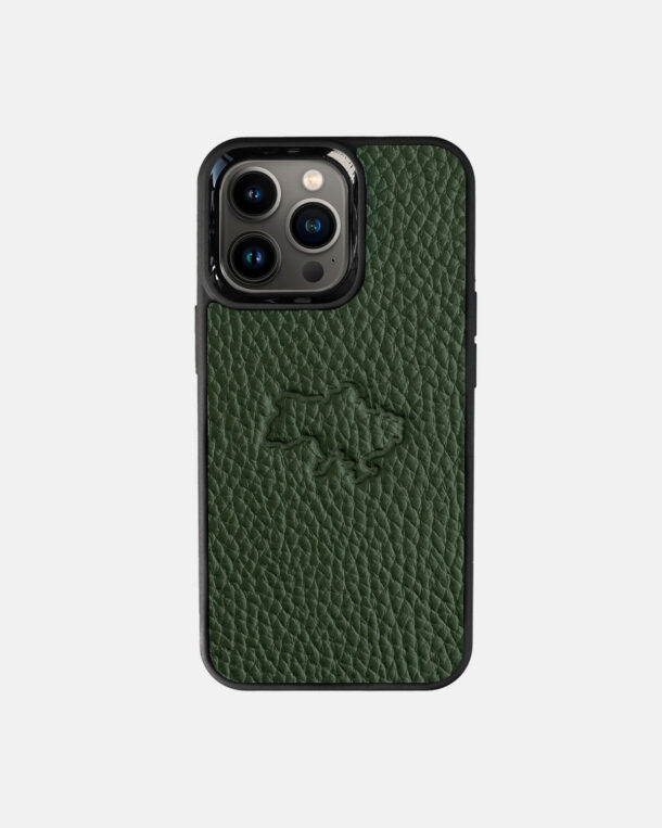 Case made of dark green skin floatar with embossed contour of the map of Ukraine for iPhone