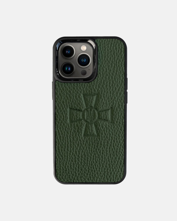 Чохол із темно-зеленої шкіри флотар із тисненням герба ЗСУ для iPhone