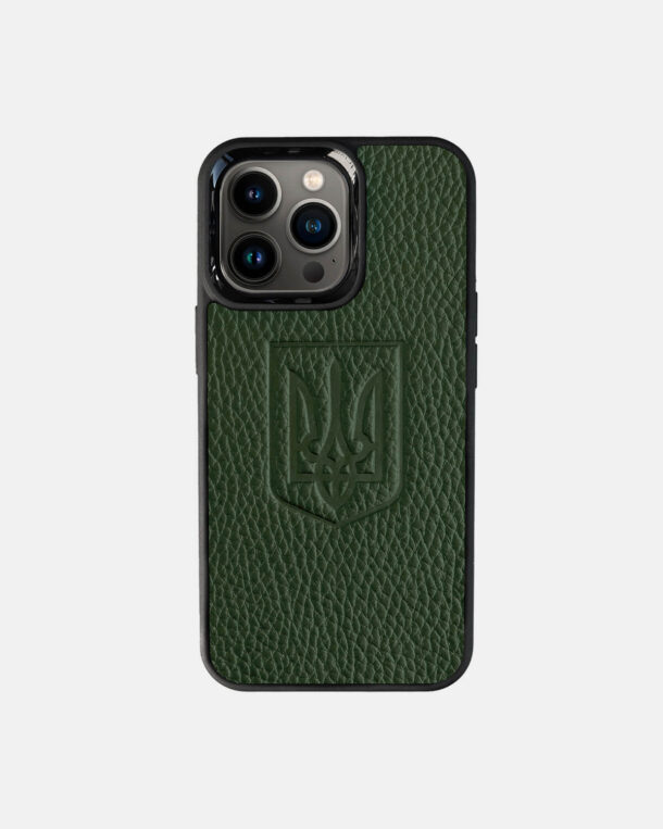 Case made of dark green skin floatar іz embossed Trident for iPhone